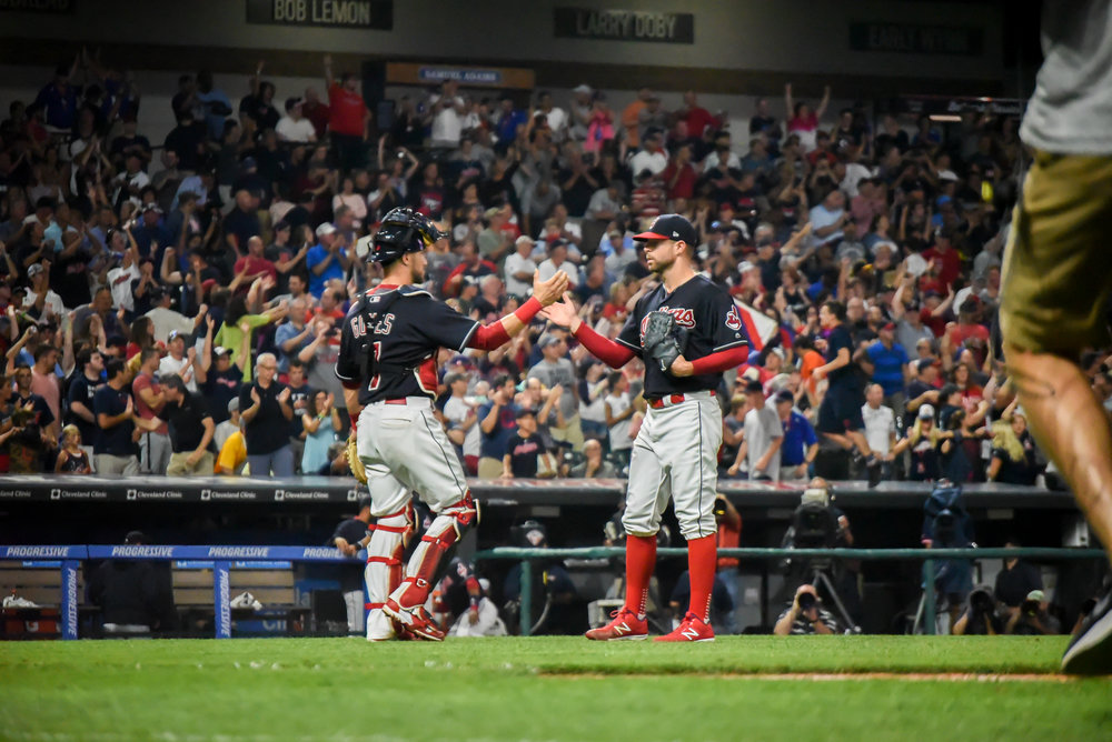 Yan Gomes congratulates Corey Kluber after Friday night's game against the Yankees. 