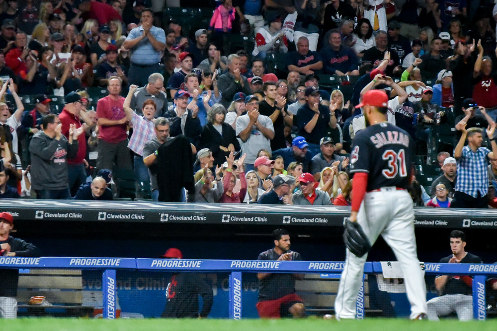 Fans cheer as Danny Salazar leaves the mound Saturday night. 