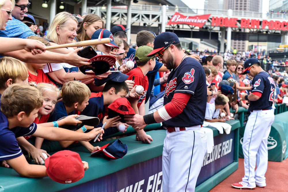 Jason Kipnis signs autographs for fans before Sunday's series finale versus the New York Yankees. 