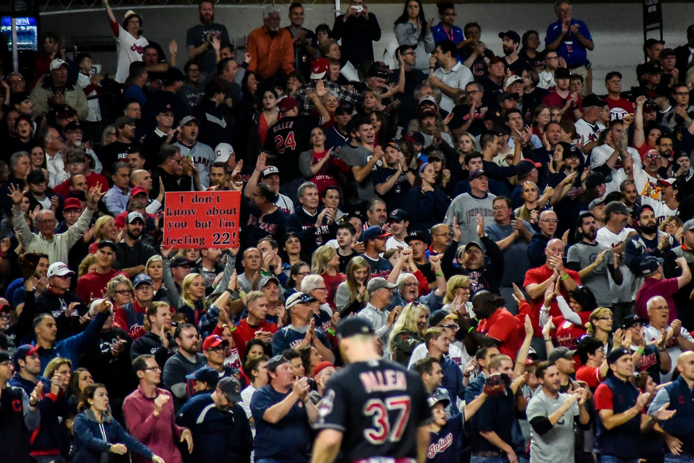 Fans applaud Cody Allen after only allowing one hit and striking out one in the top of the 10th inning.